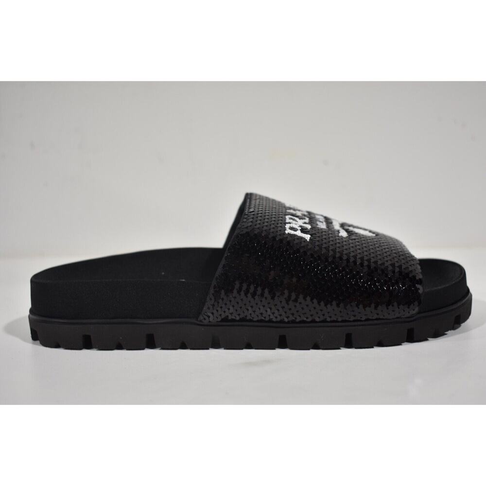 Prada Black Sequin White Logo Slide Sandal Slip On Pool Flip Flop Flat 37.5 - Picture 4 of 11